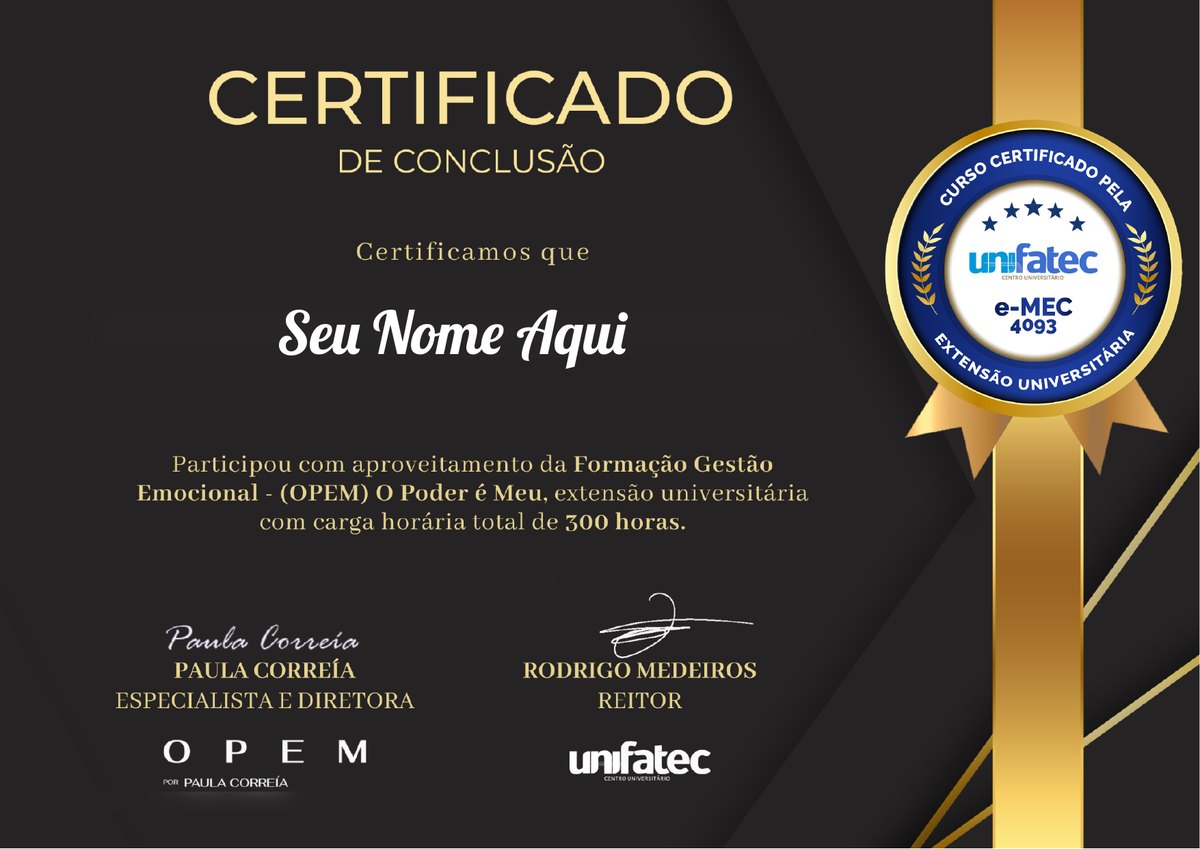 Modelo do Certificado de Extensão Universitária OPEM emitido pela UNIFATEC
